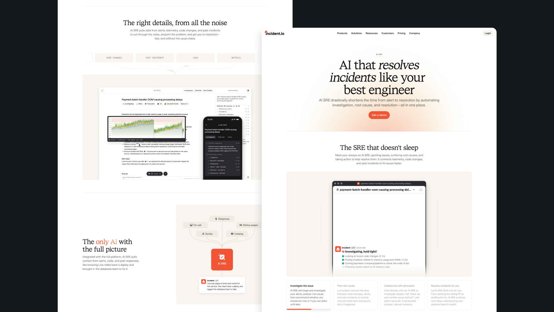 Overlapping incident.io AI SRE website designs with an investigation dashboard, mobile alert and Slack conversation