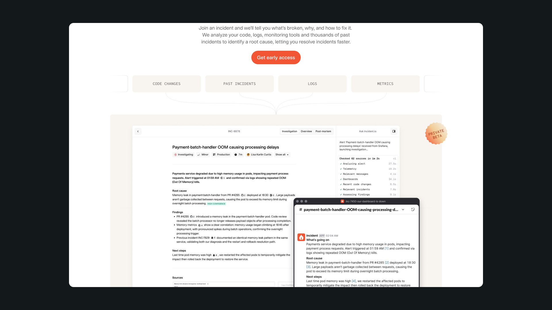 incident.io AI investigation dashboard connecting code changes, past incidents, logs and metrics, with a Slack summary