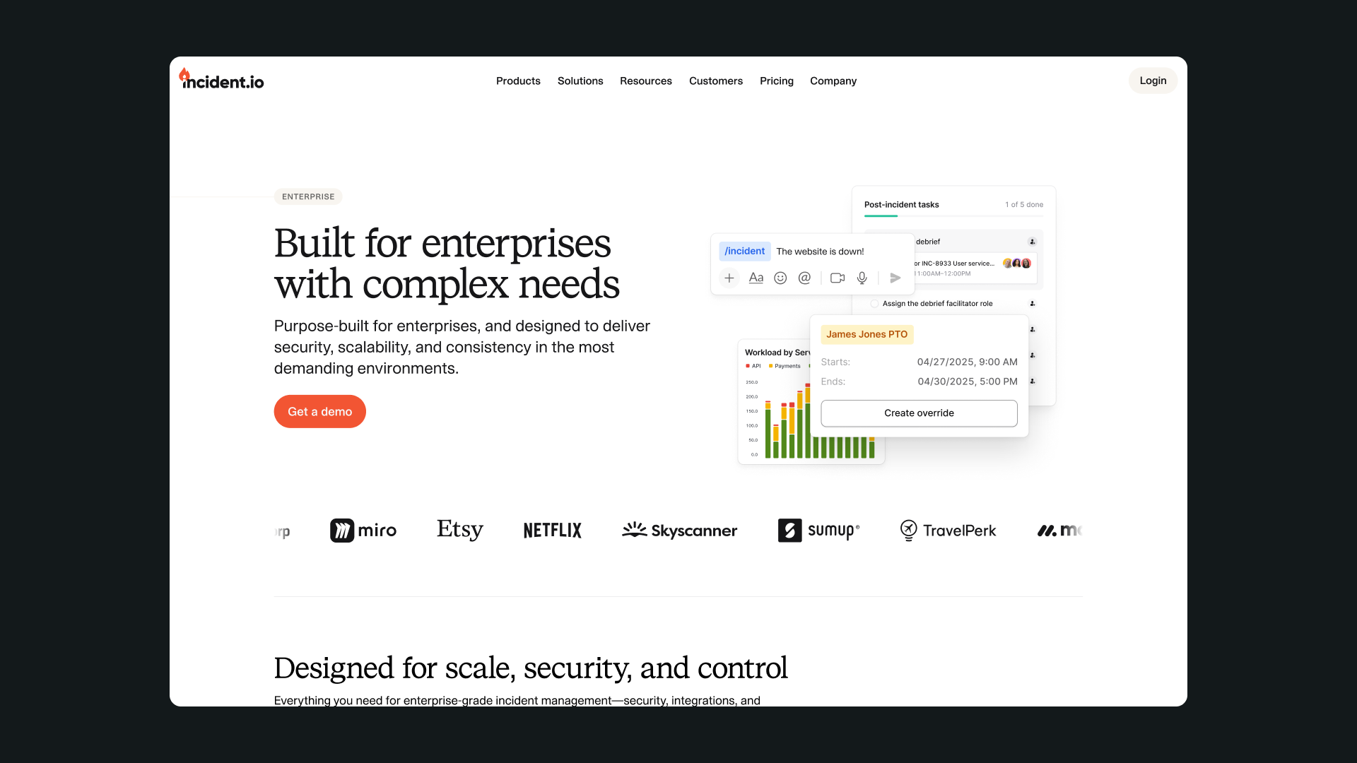 incident.io enterprise landing page with task, on-call and workload interface cards beside a large serif headline