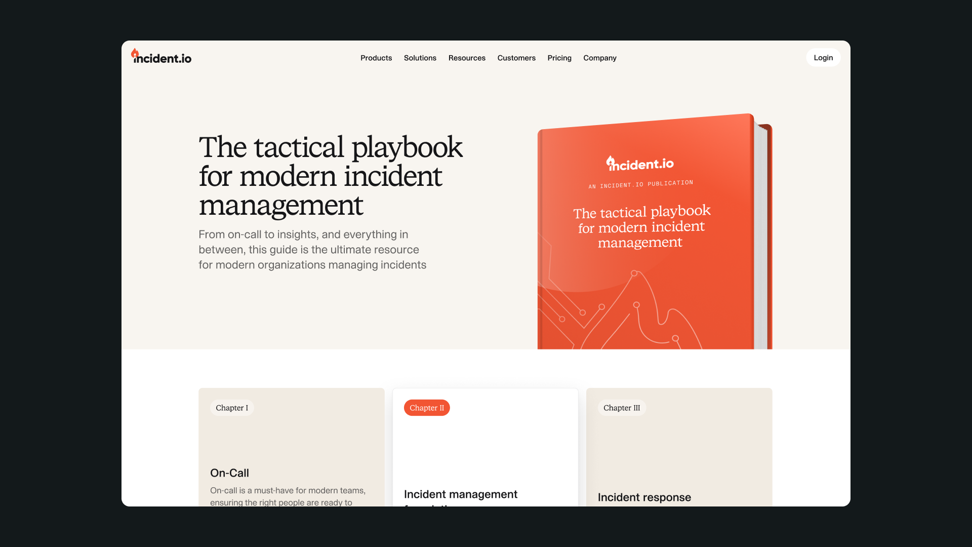 Incident management playbook landing page with an orange book mockup and chapter cards