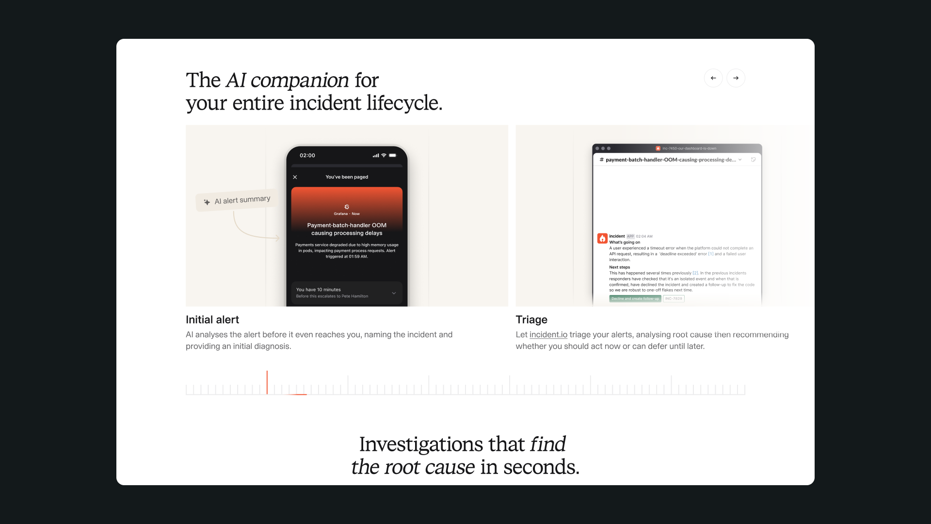 incident.io AI lifecycle website section showing a mobile alert summary alongside a Slack triage conversation