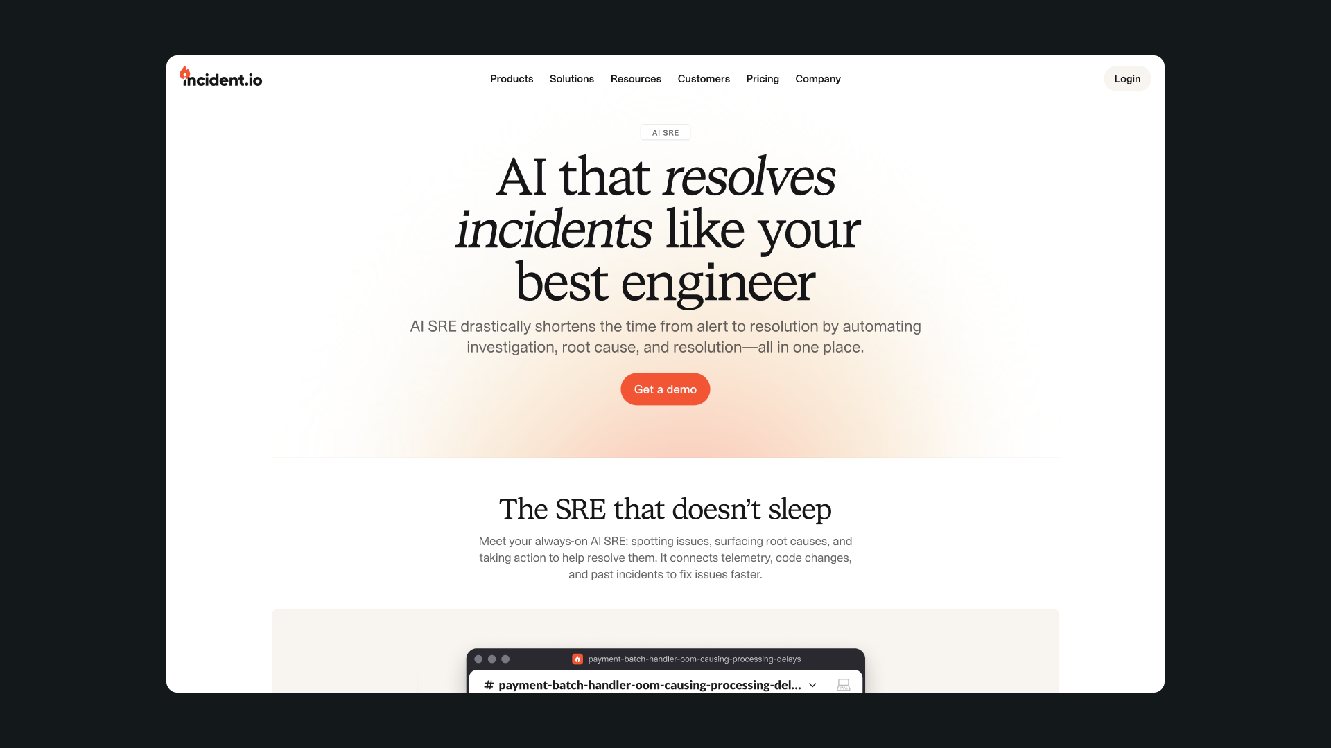 incident.io AI SRE landing page with a large serif headline, warm orange glow and a Slack investigation preview