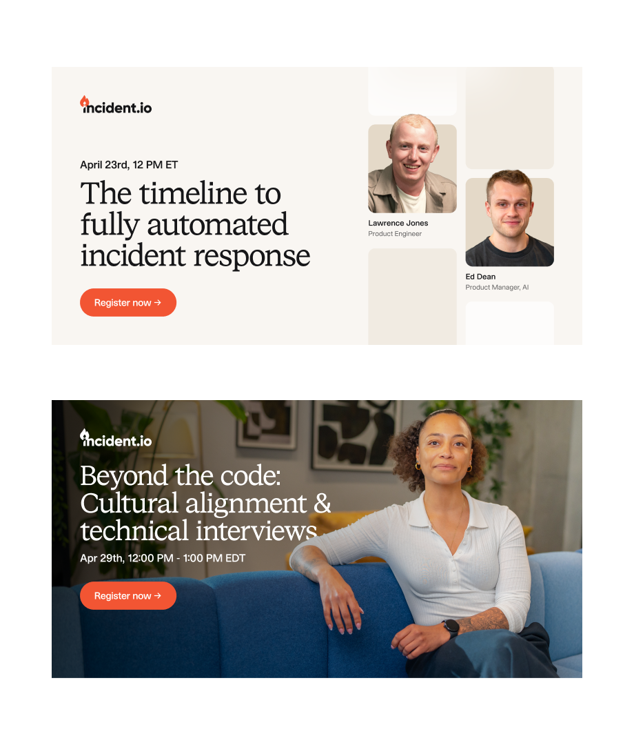 Two incident.io webinar graphics about automated incident response and technical interviews, with speaker portraits and orange registration buttons