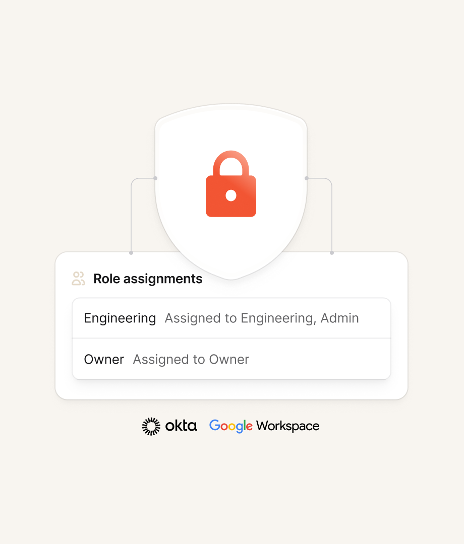 Security illustration with an orange padlock, role assignments and Okta and Google Workspace logos