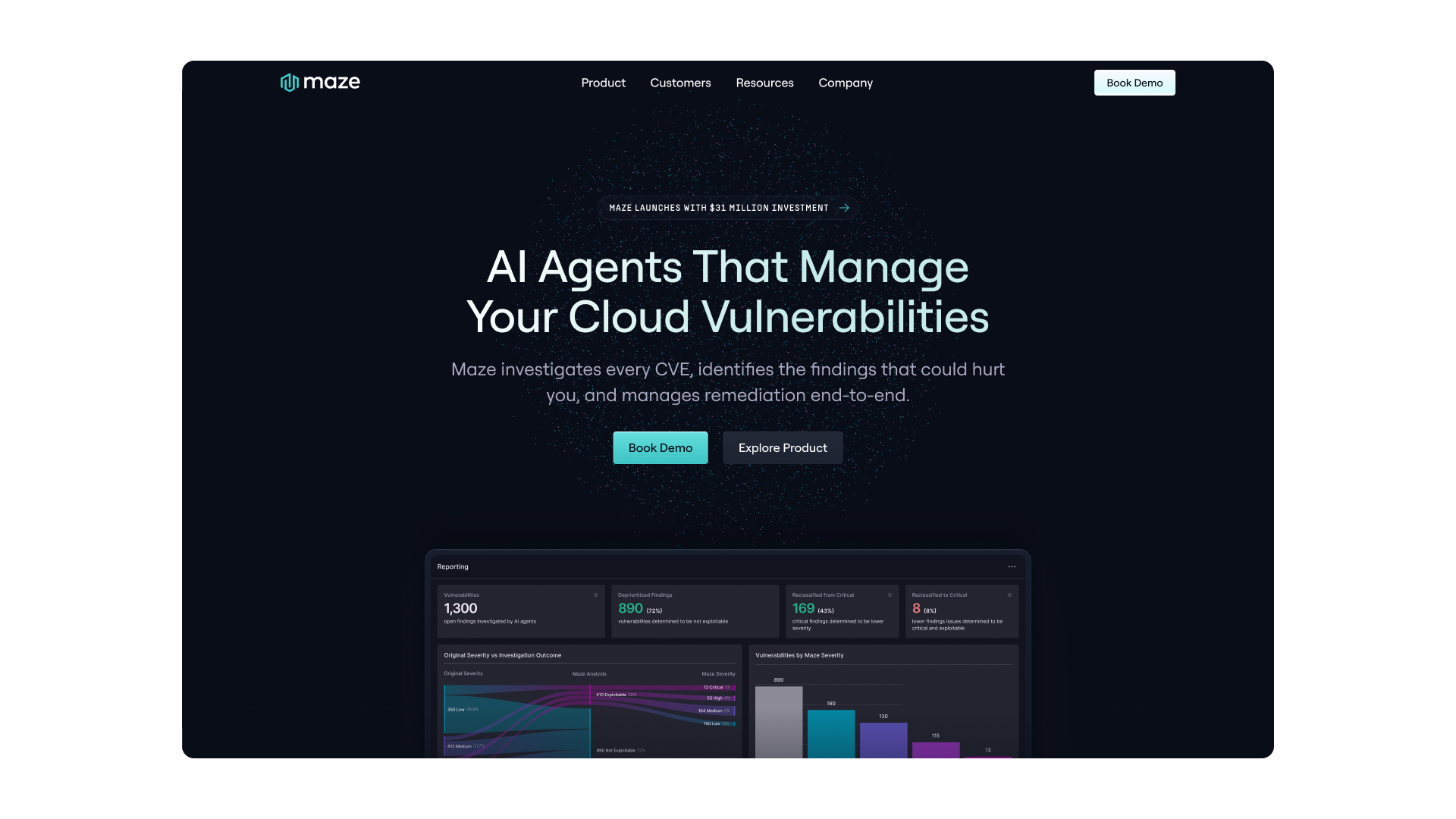 Maze cloud-security homepage with a particle globe and a dark vulnerability dashboard