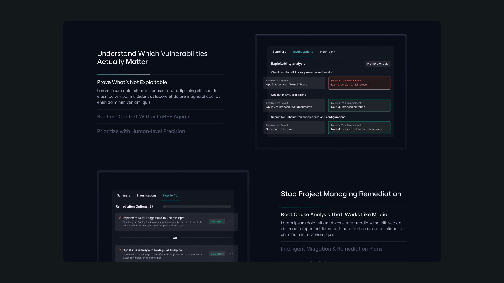 Maze security website design with vulnerability investigation and remediation interfaces on a dark background