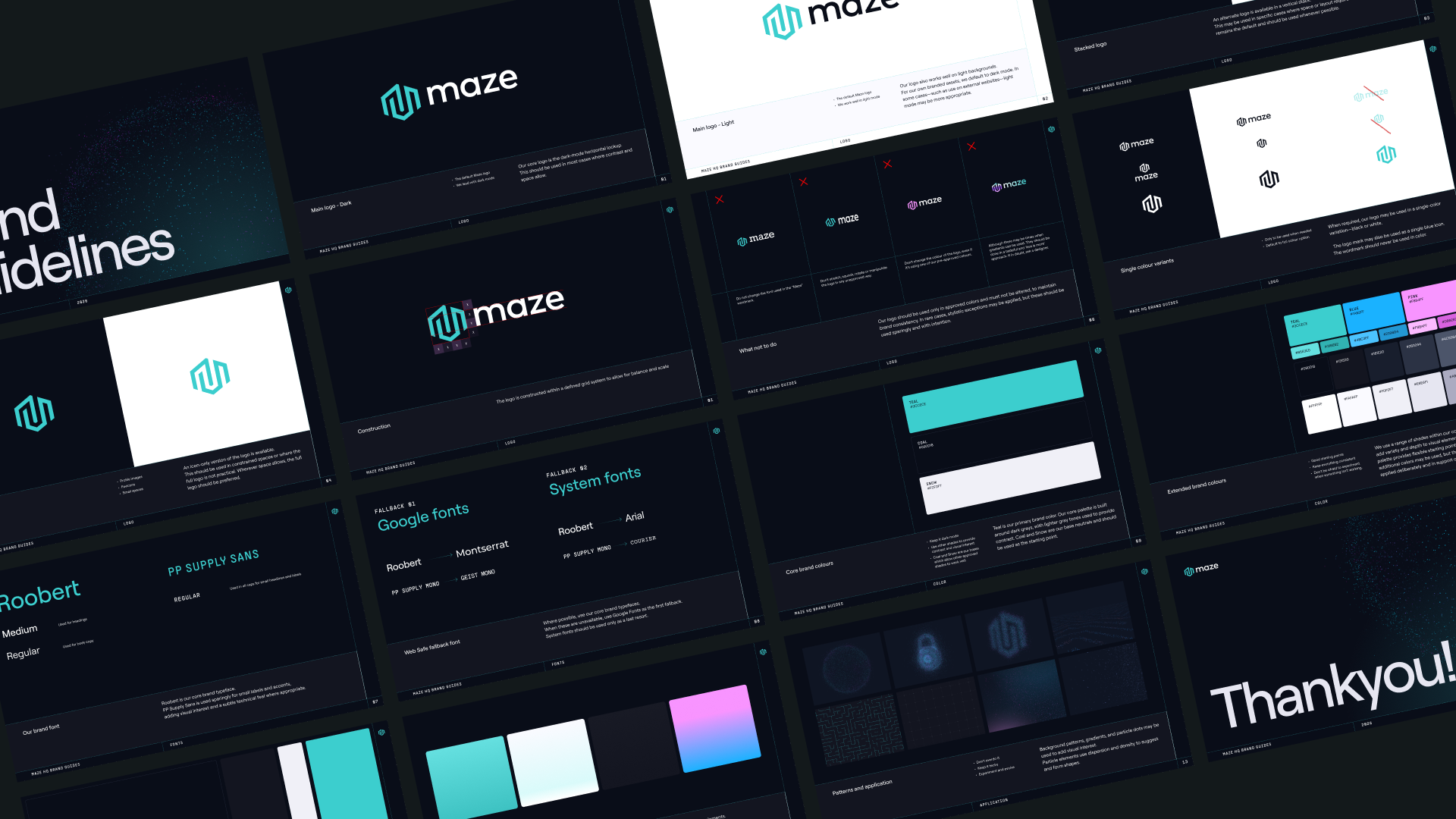 Angled Maze brand-guideline pages showing logo variants, typography, colour palettes and particle illustrations