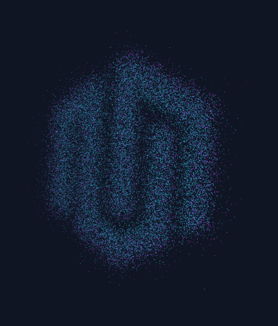 Maze brand symbol formed from blue, teal and purple particles on a dark background
