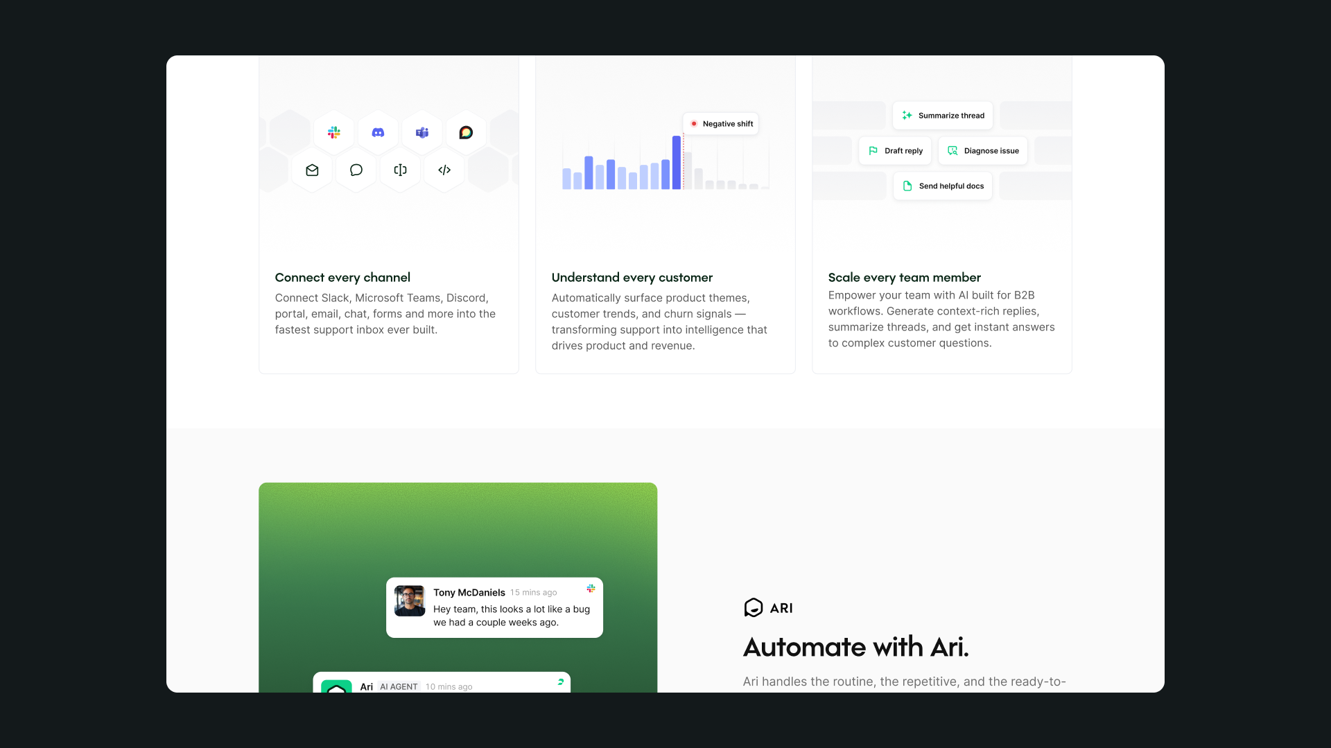 Plain website design showing connected support channels, customer insights and AI assistance above an Ari automation feature
