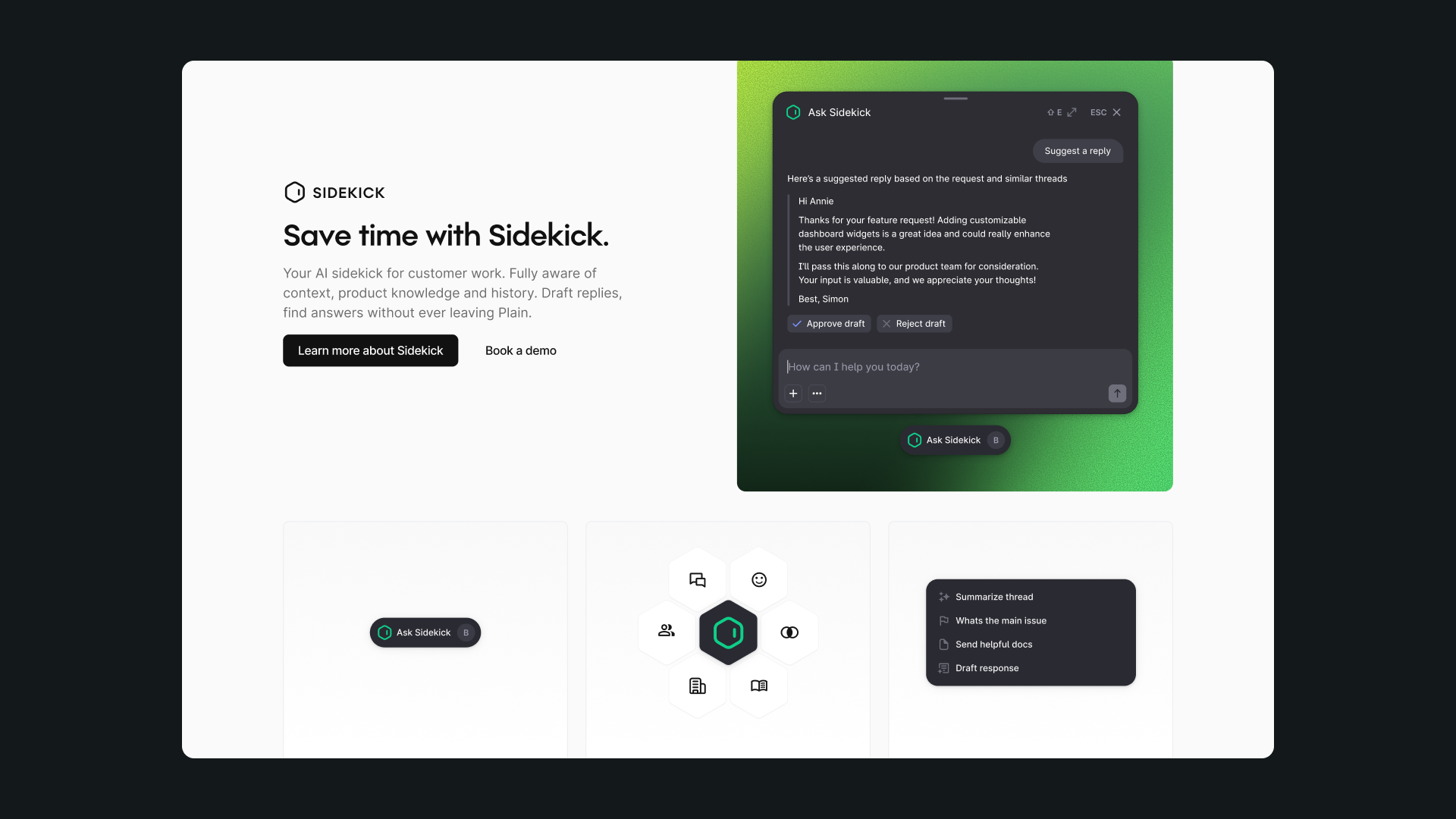 Plain Sidekick website design with an AI reply assistant and supporting feature illustrations