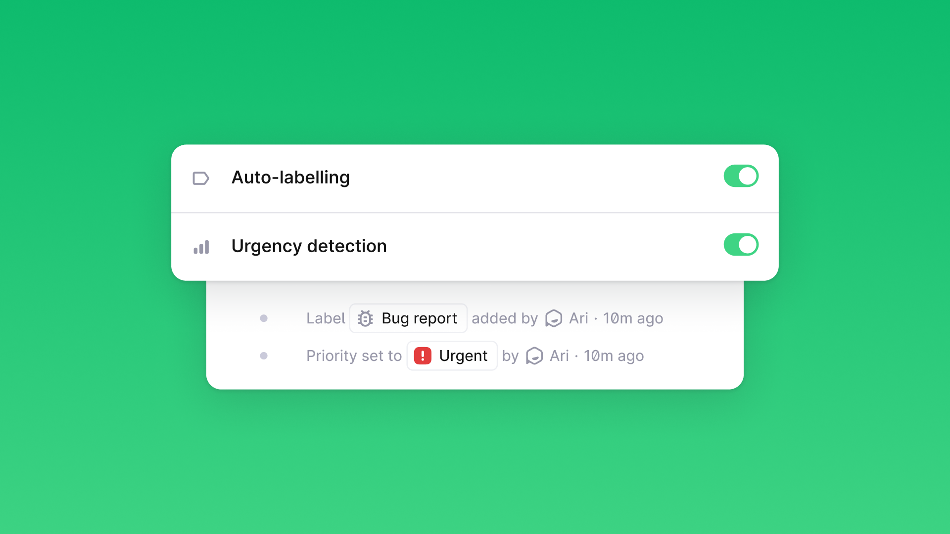 Plain Ari interface illustration showing automatic bug labelling and urgency detection on a green background