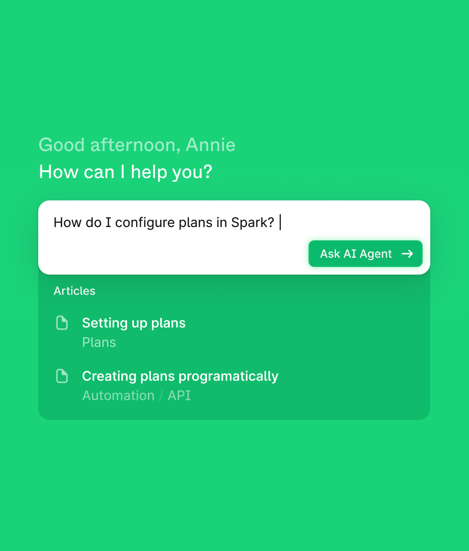 Plain AI support search interface with suggested articles and an Ask AI Agent button on a green background