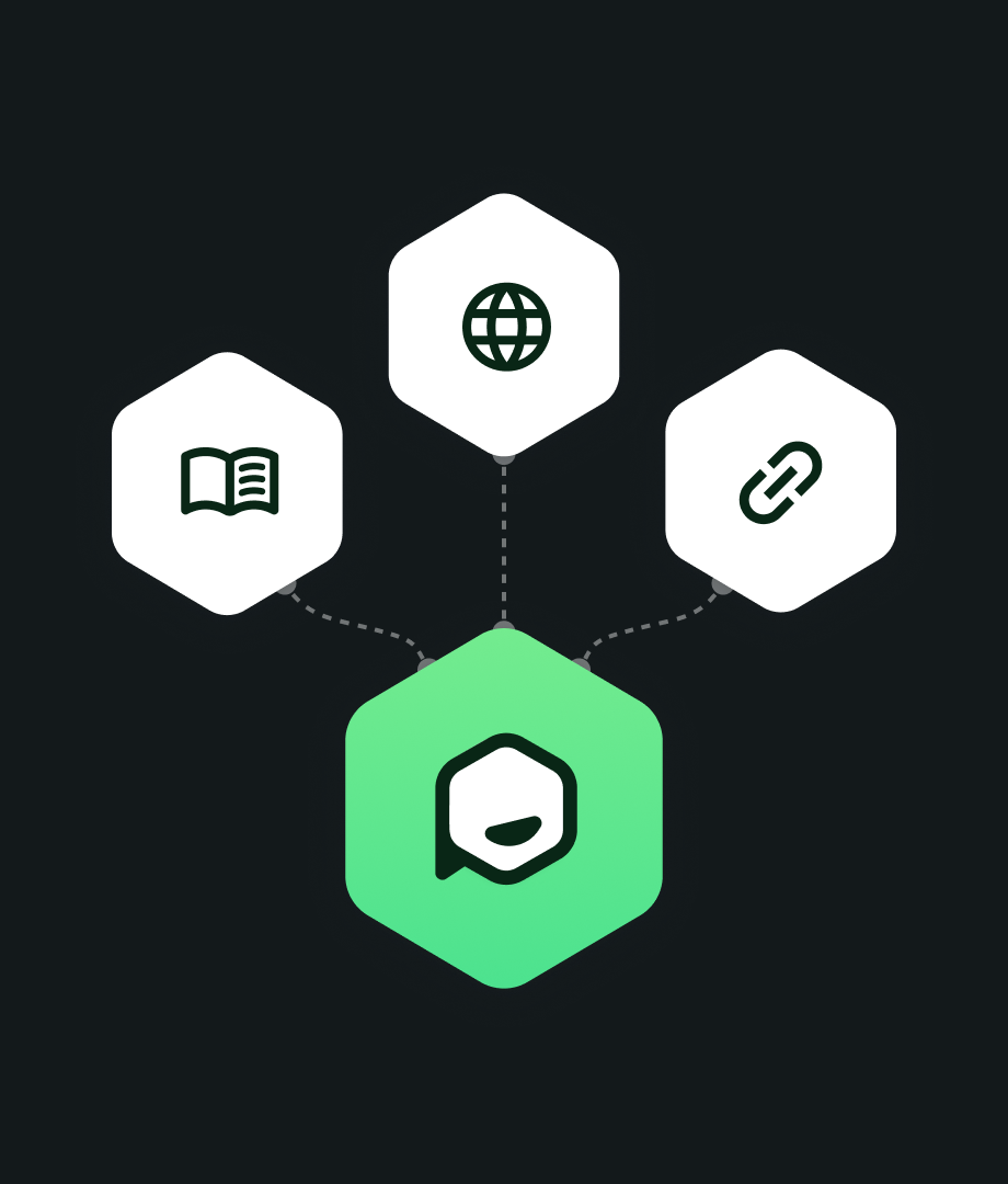 Ari illustration connecting the AI agent to documentation, websites and links through hexagonal icons