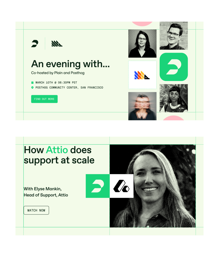 Plain event and webinar designs for a PostHog evening and an Attio support-at-scale conversation, with halftone speaker portraits