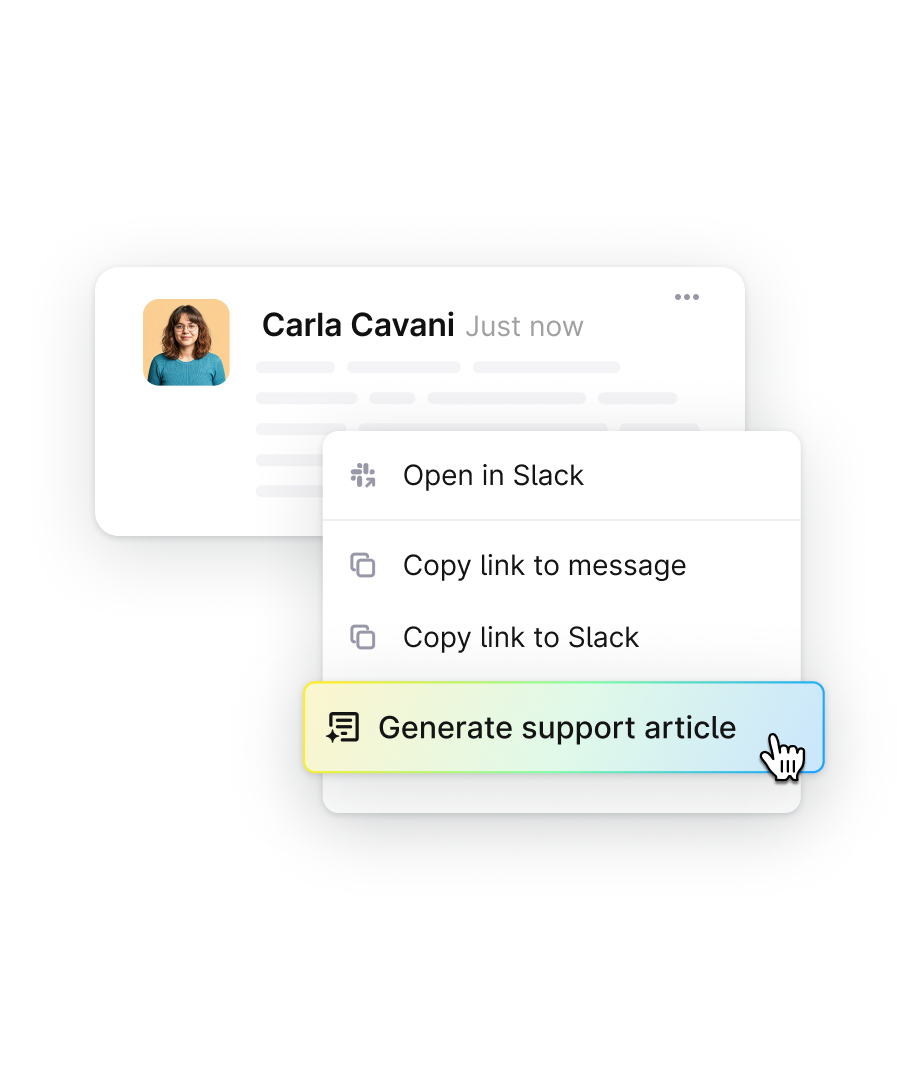 Plain support message menu with a highlighted Generate support article action