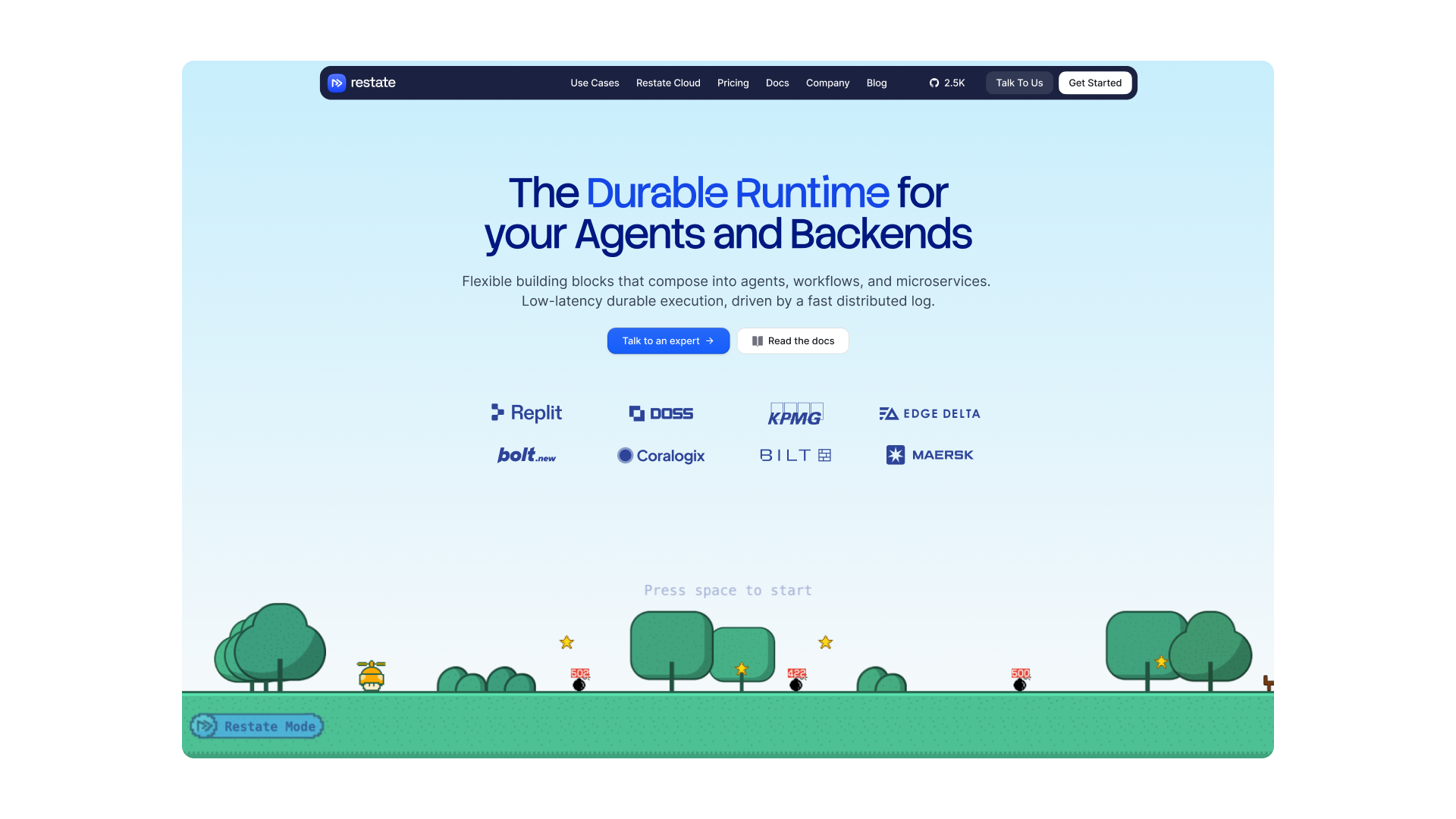 Restate durable-execution homepage with a pale-blue background, customer logos and an illustrated platform game