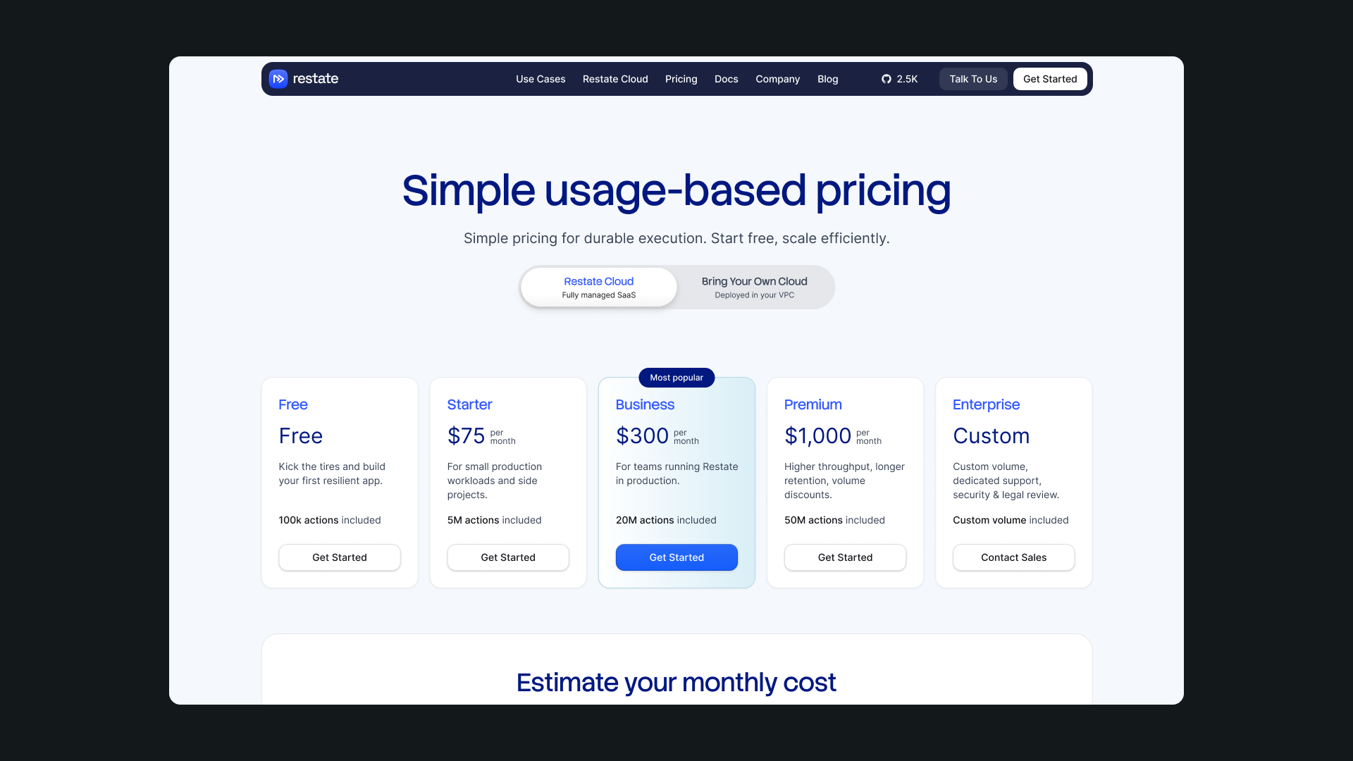 Restate usage-based pricing page with Cloud and Bring Your Own Cloud options and five pricing tiers.