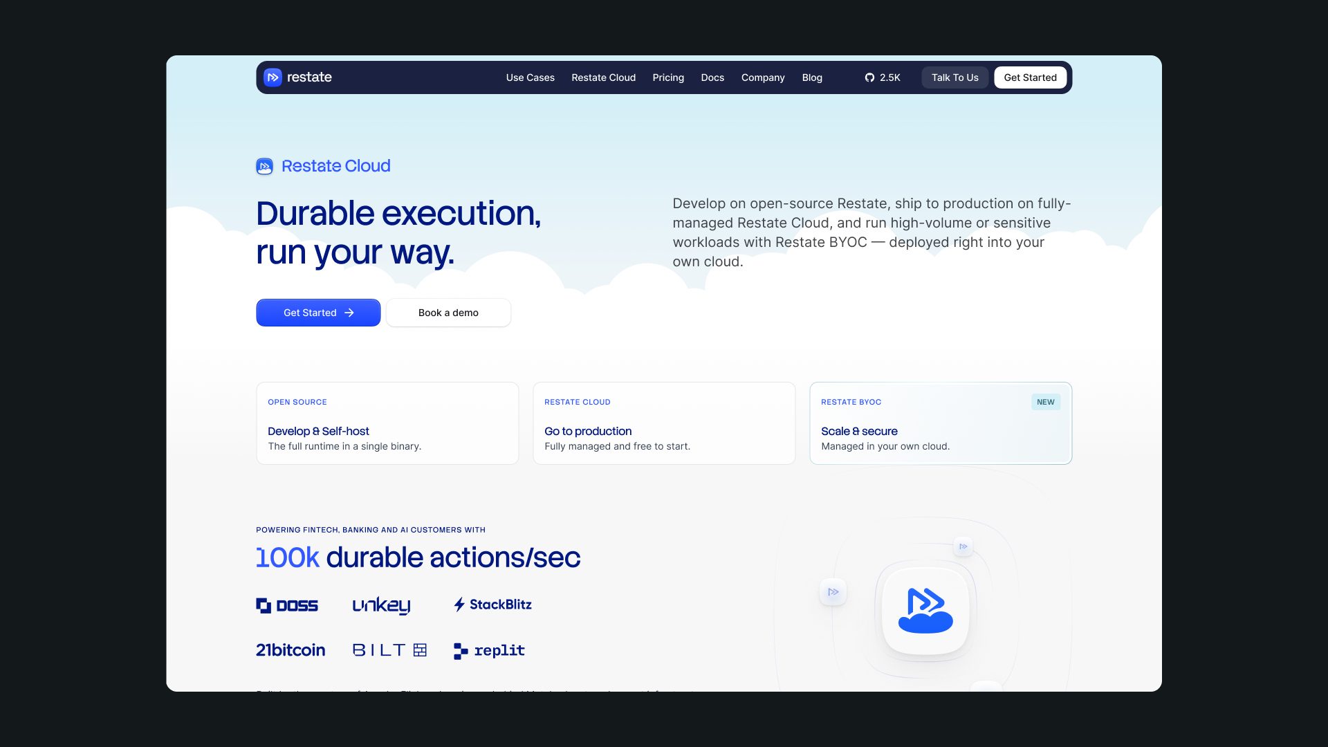 Restate Cloud page with a pale-blue sky and cloud illustration, deployment options and customer logos.