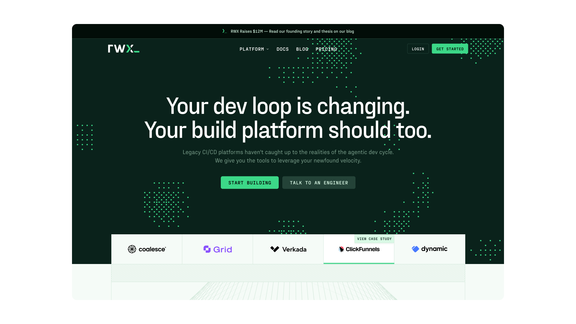 RWX build-platform website design with green pixel patterns and customer logos