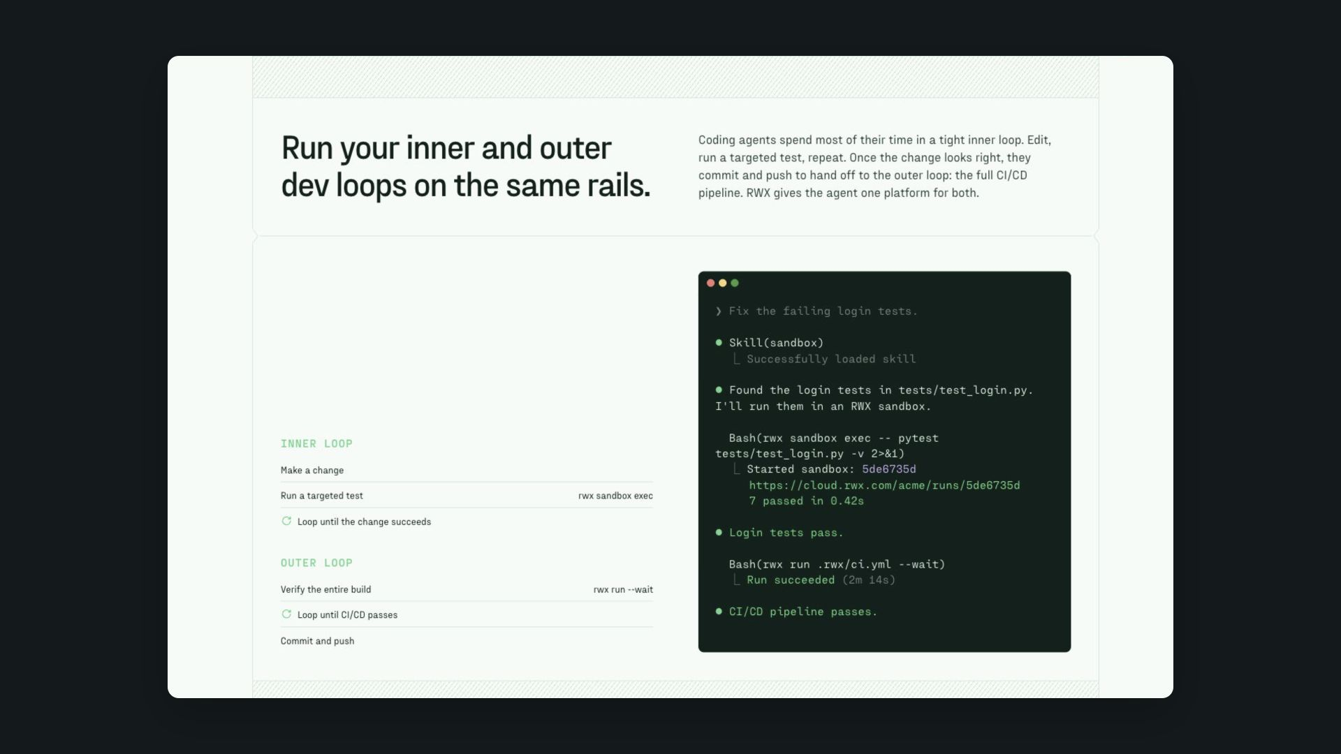 The light Agent Sandboxes section pairing the development loop with a working terminal example.