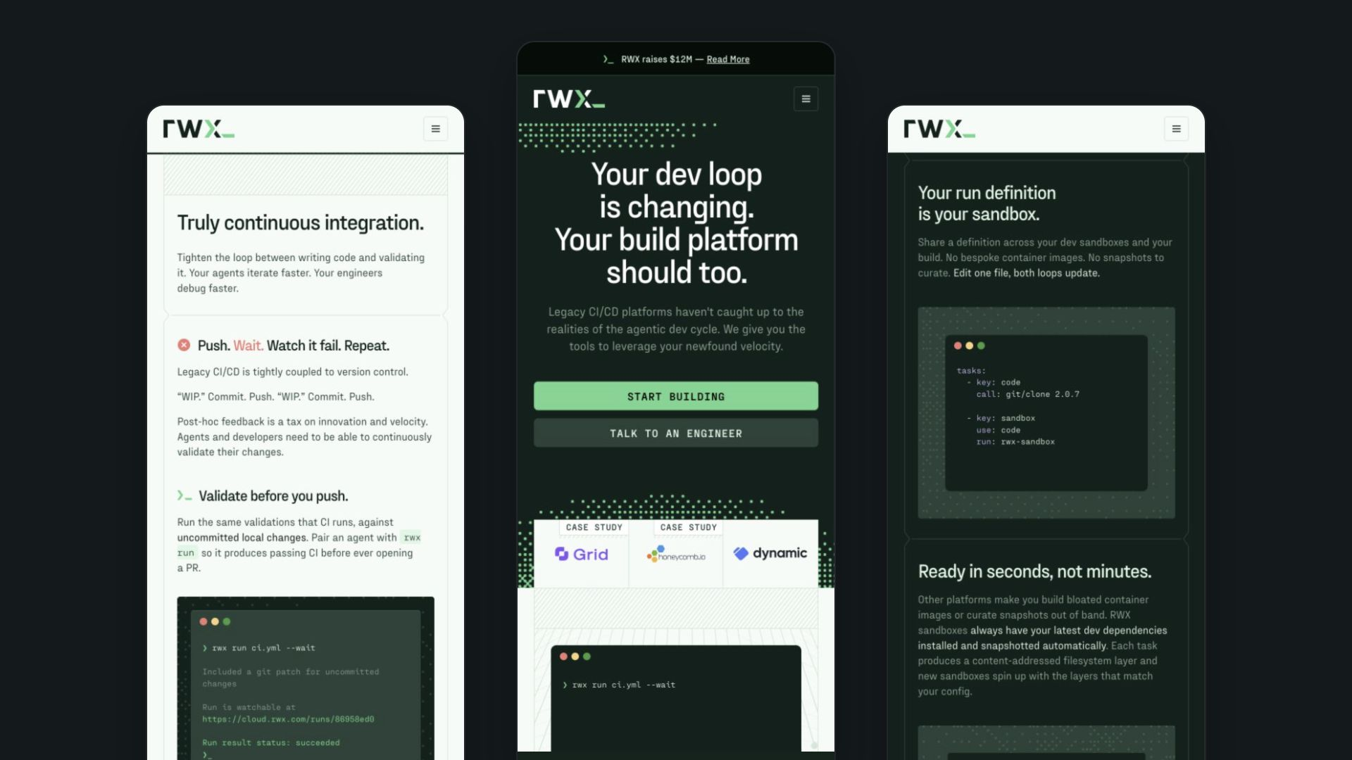 RWX homepage centred between scrolled CI/CD and Agent Sandboxes mobile views.