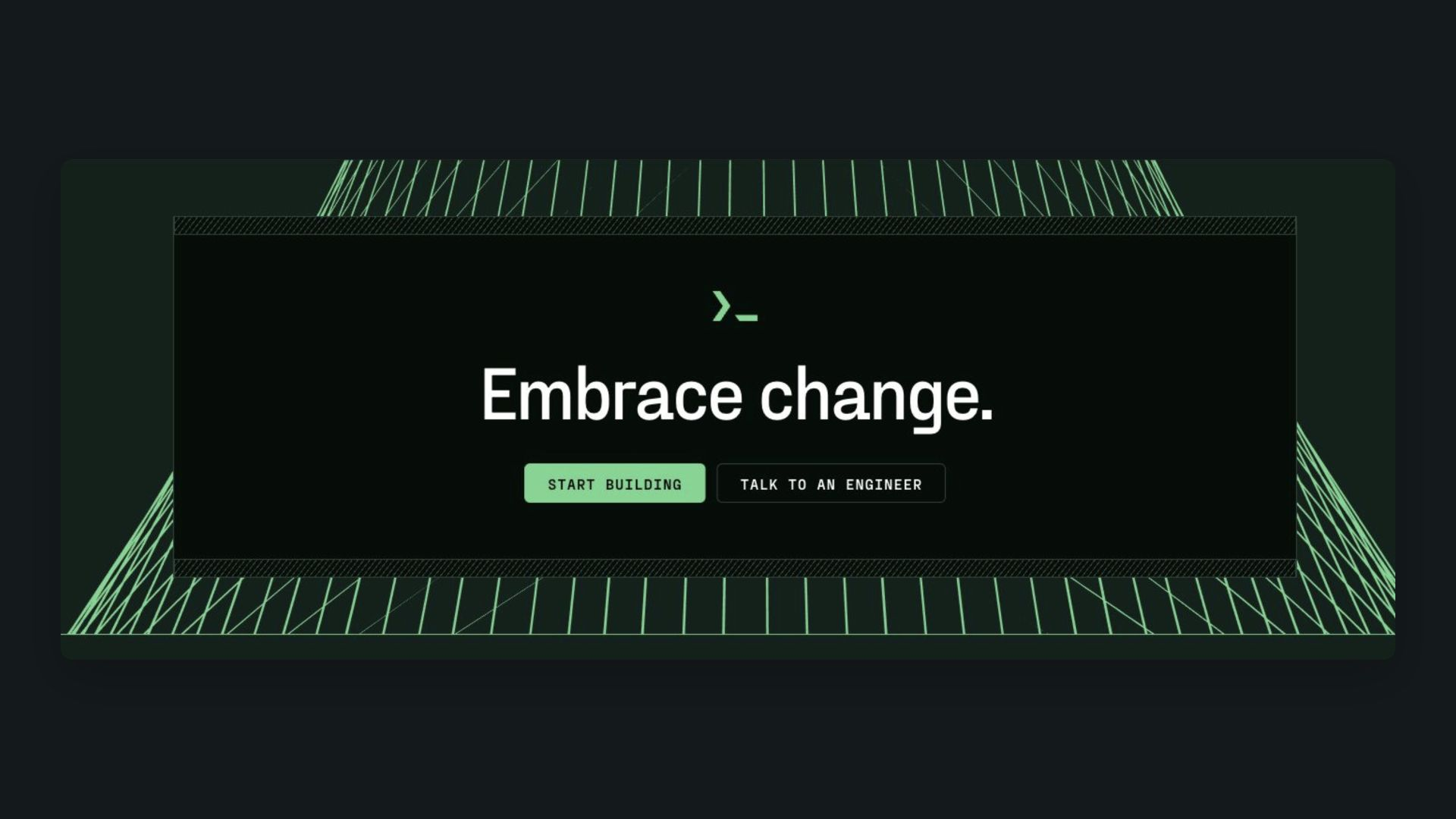 RWX's Embrace change closing statement framed by its green perspective-line artwork.