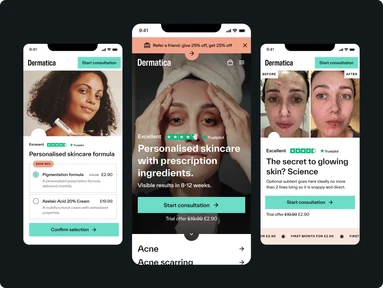 Dermatica mobile website designs featuring personalised skincare and treatment stories
