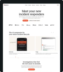 incident.io AI incident-response homepage with product examples and customer logos