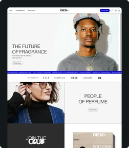 DIEM fragrance website with portrait photography and editorial product stories