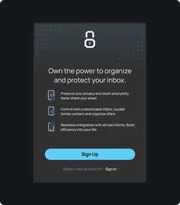 Dark inbox-security sign-up card with a padlock, feature list and blue button