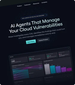 Angled Maze website showing cloud-security messaging and a product dashboard