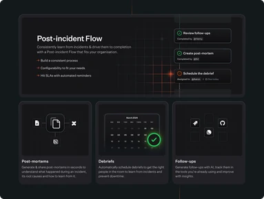 Post-incident workflow interface showing post-mortems, debriefs and follow-up tasks