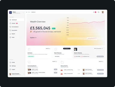 Financial dashboard with an account overview, performance chart and customer activity