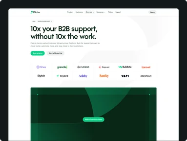 Plain customer-support website with a green product panel and customer logos