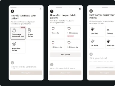 Three mobile coffee-subscription screens for choosing brewing method and delivery frequency