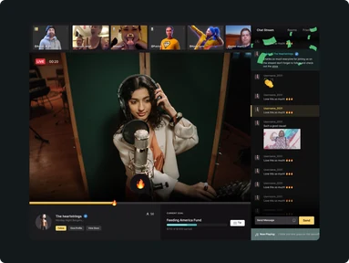 Music streaming interface featuring a live performer, video thumbnails and a chat panel