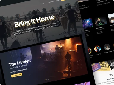 Dark live-music website with concert photography and a featured band