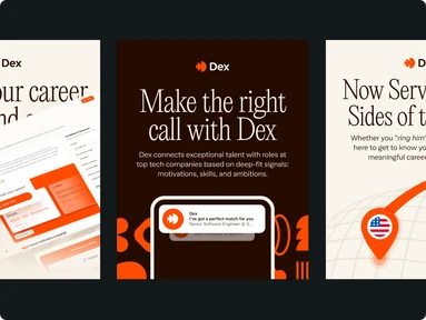 Dex recruitment website layouts in cream and orange with editorial headlines