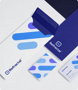 Refocal brand stationery with blue and purple geometric graphics