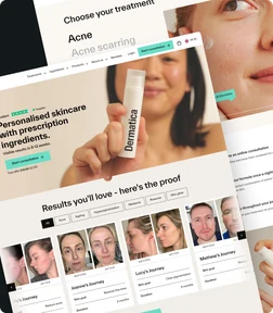 Angled Dermatica skincare website with treatment choices and before-and-after portraits