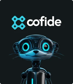 Cofide identity with a cyan symbol, white wordmark and illustrated robot